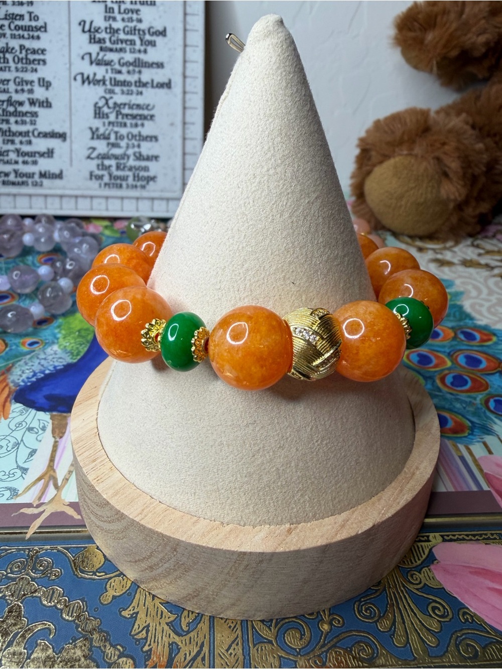 🧡 Orange & Green Jade Statement Stretch Bracelet | Handmade